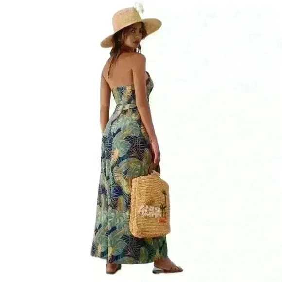 SHEIN VCAY Tropical Print Criss-Cross Strap Open Back Drawstring Thigh Slit M - Picture 3 of 11